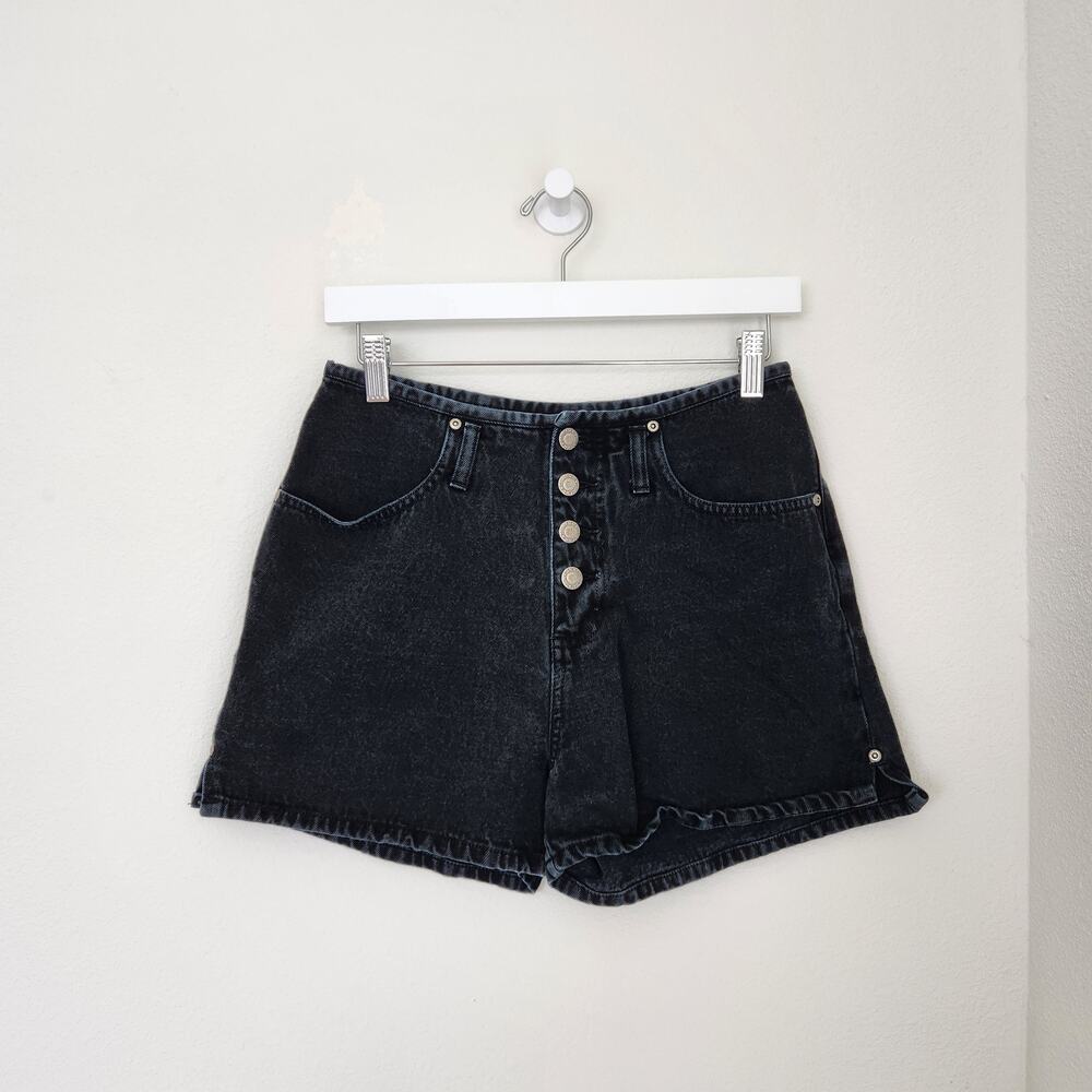 Vintage 90s Black Denim High Rise Button Fly Mom Shorts Side Slit County Seat 4